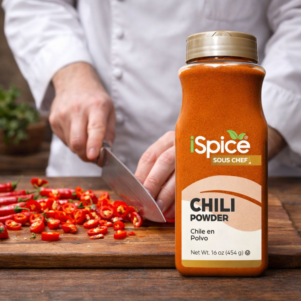 iSpice chili powder bottle flat lay on wooden table with fresh chili peppers, spices, and cooked dishes