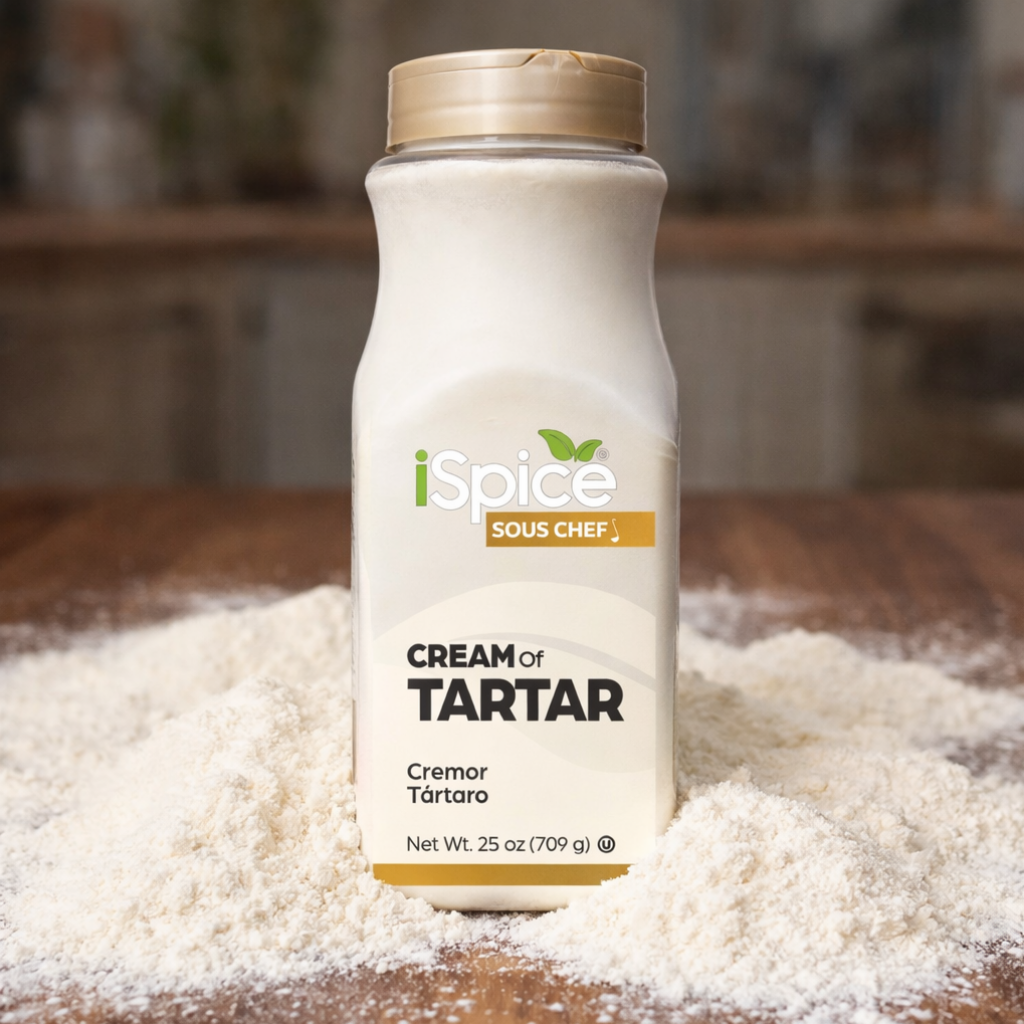 Bottle of 'Cream of Tartar' seasoning on a wooden surface with blurred background