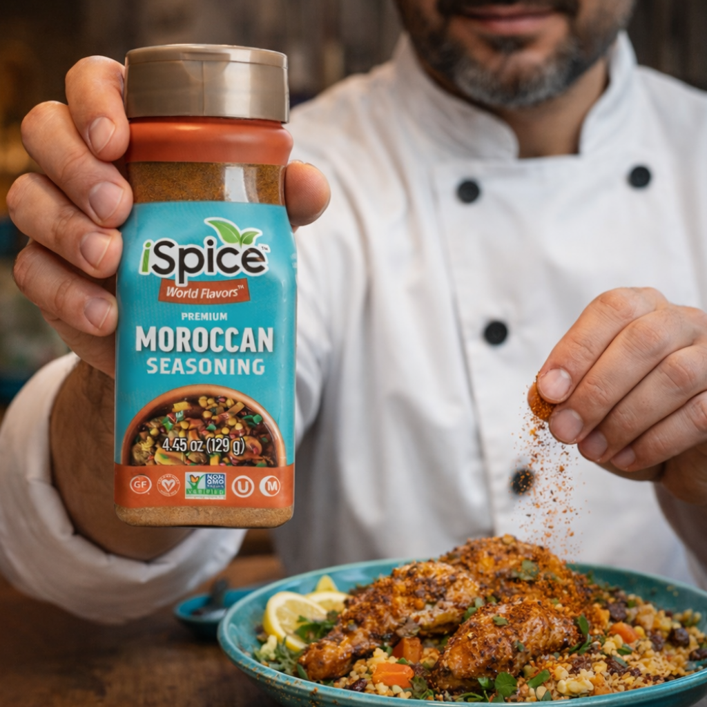 Person holding a bottle of iSpice Moroccan seasoning over a dish of food.