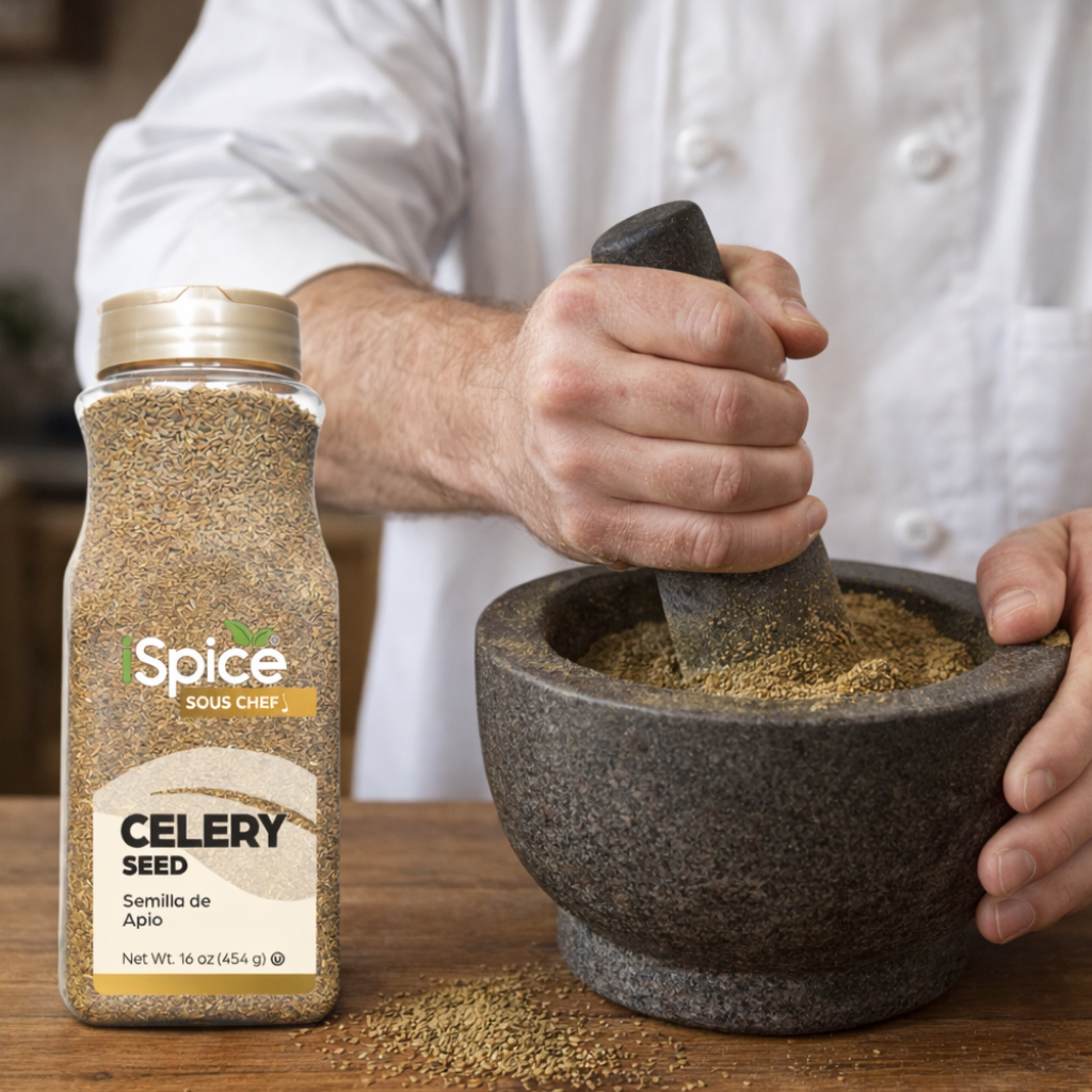 Person using a mortar and pestle with a bottle of Spice Sou Chef celery seed on a wooden surface.