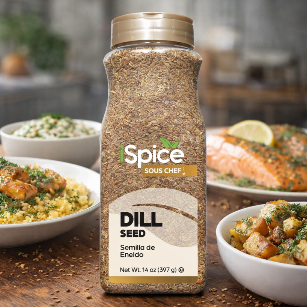Spice bottle labeled 'iSpice Sous Chef' with dill seed on a table with food in the background