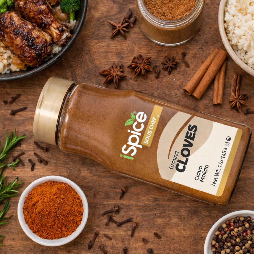 Spice bottle labeled 'Sous Chef' with ground cloves on a wooden surface with spices and herbs.
