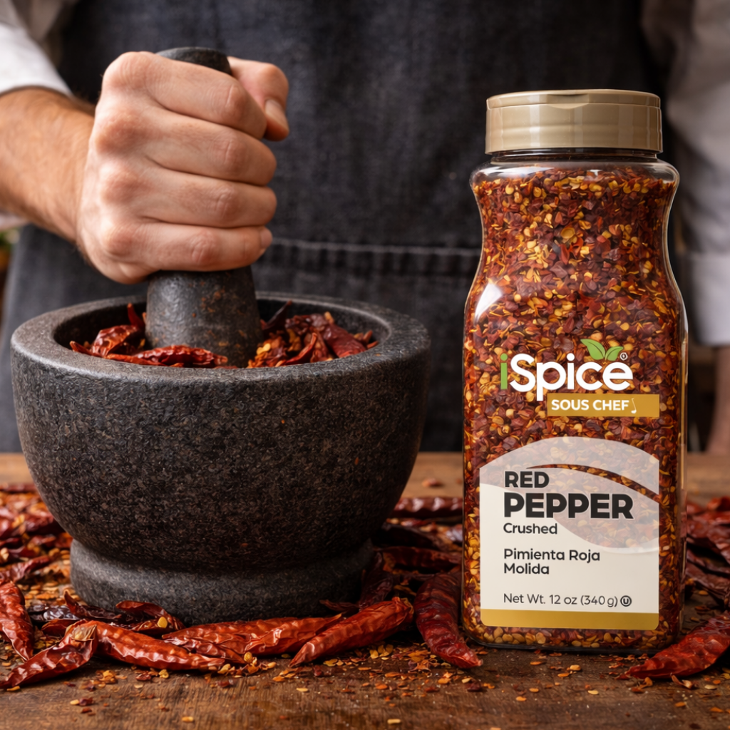 Person grinding red pepper in a mortar and pestle with a bottle of Spice Sou Chef red pepper on a wooden surface.