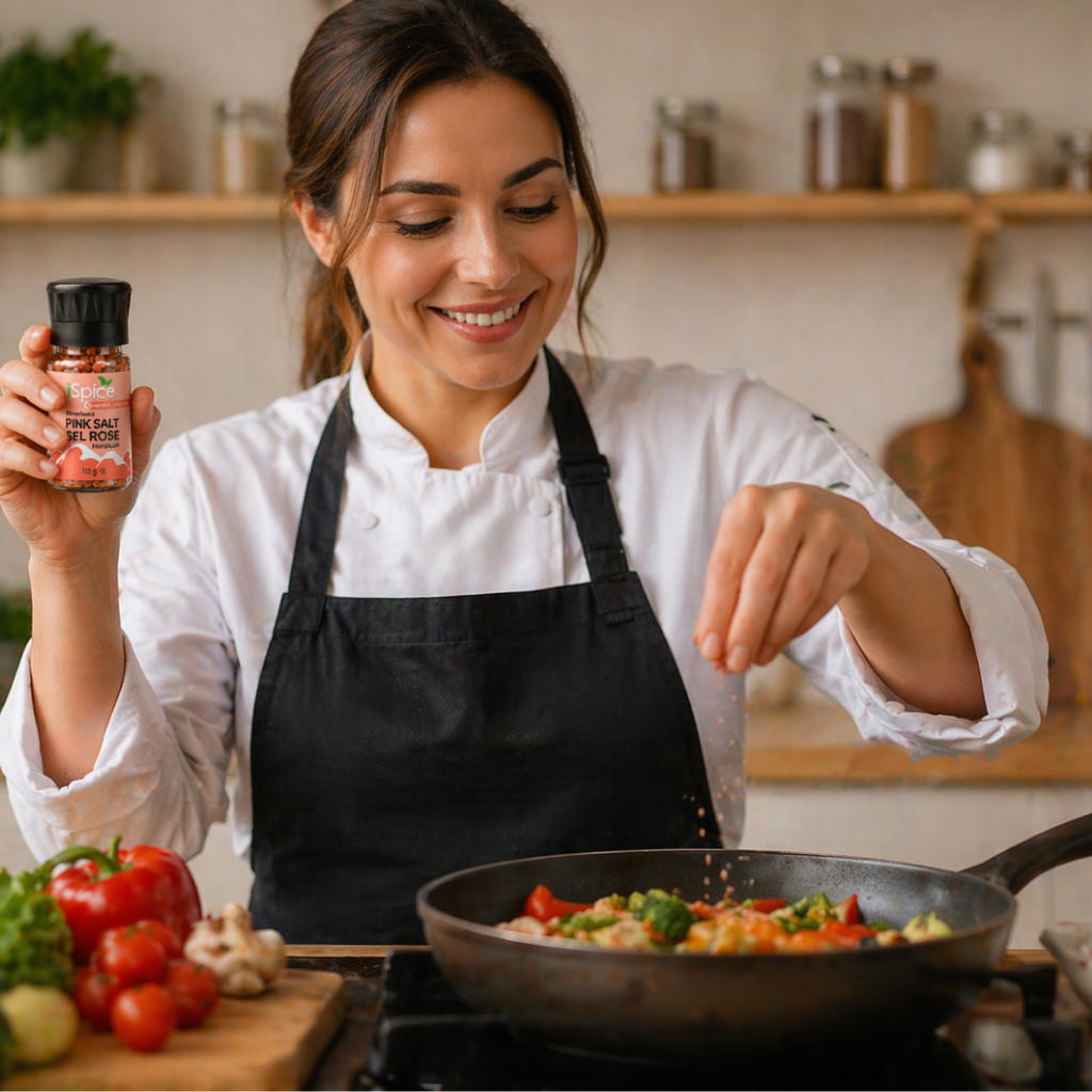 Woman cooking in a kitchen, holding a bottle of seasoning.