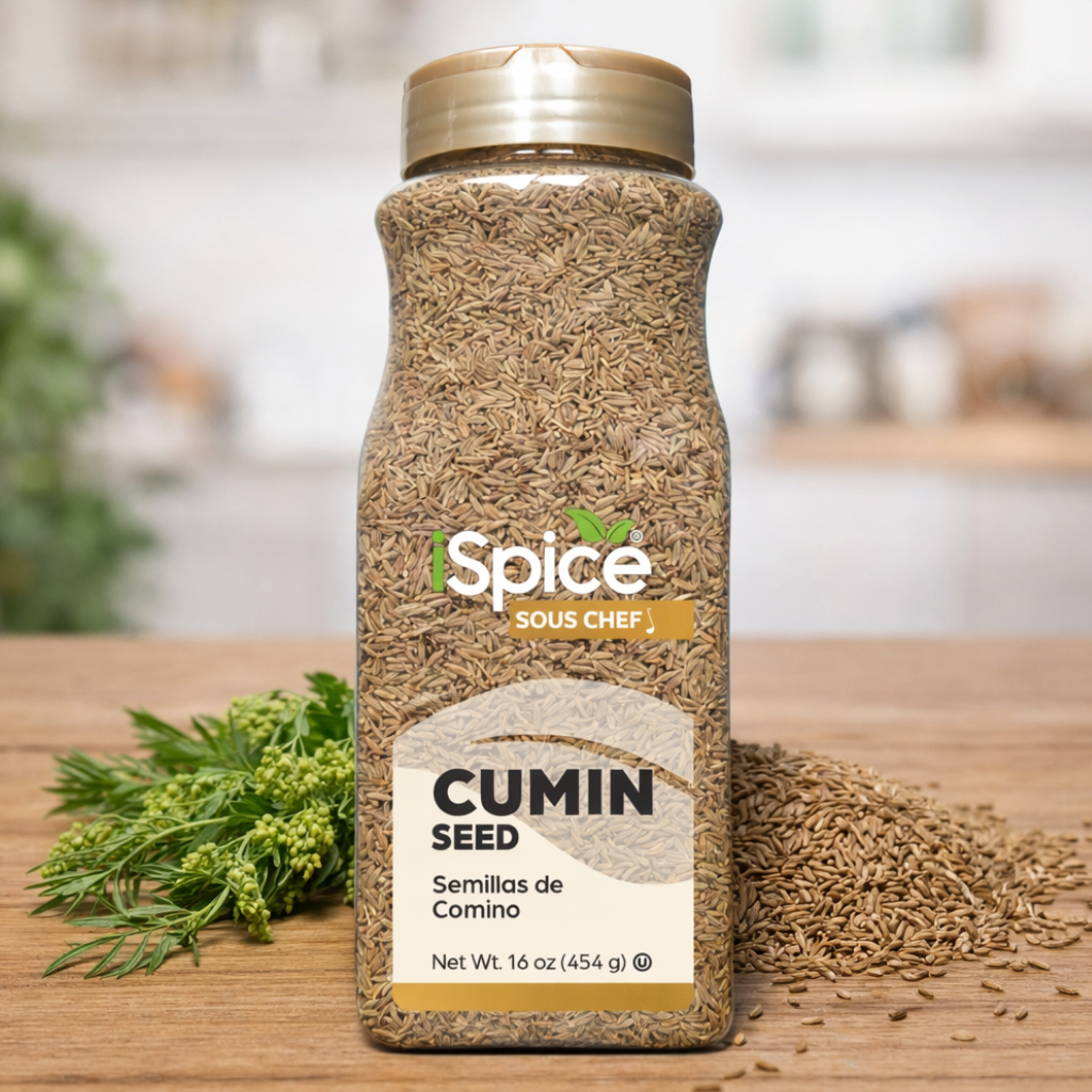 Spice bottle labeled 'Cumin Seed' by 'Sous Chef' on a wooden surface with cumin seeds and leaves.