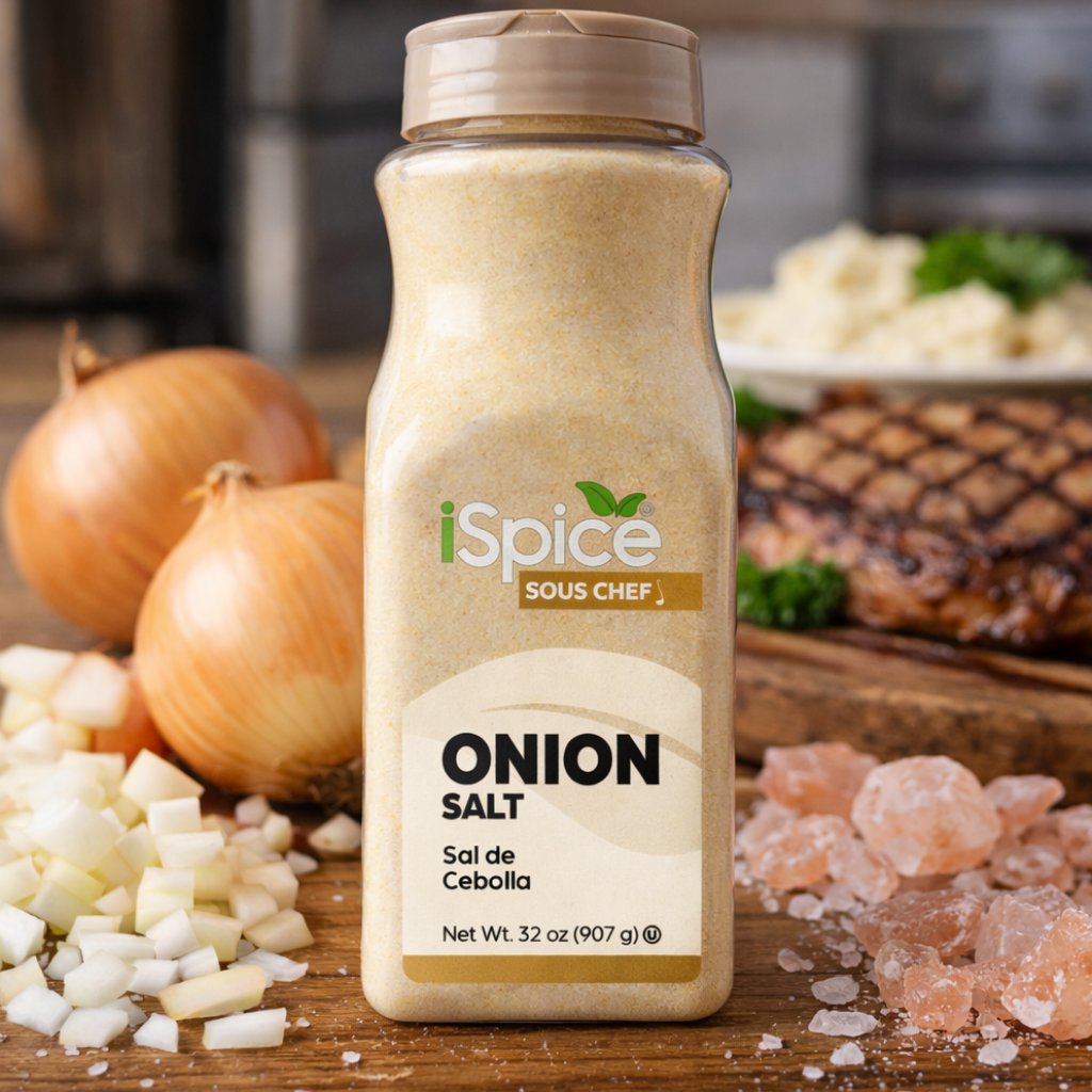 Bottle of iSpice Sous Chef Onion Salt on a wooden surface with onions and other ingredients.