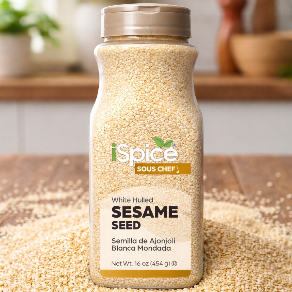 Bottle of iSpice Sous Chef white hulled sesame seed on a wooden surface with sesame seeds around.