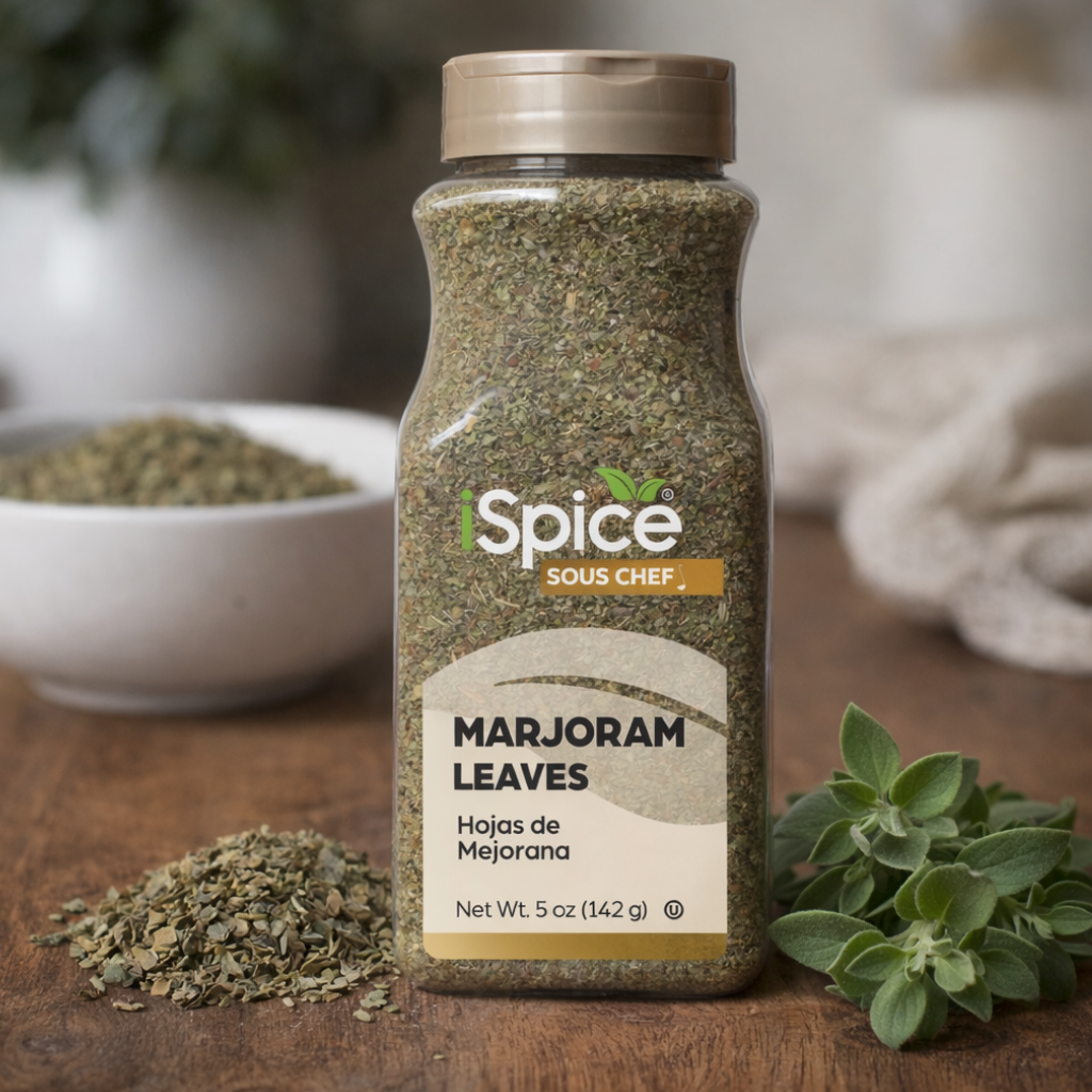 Spice jar labeled 'Sous Chef' with marjoram leaves on a wooden surface
