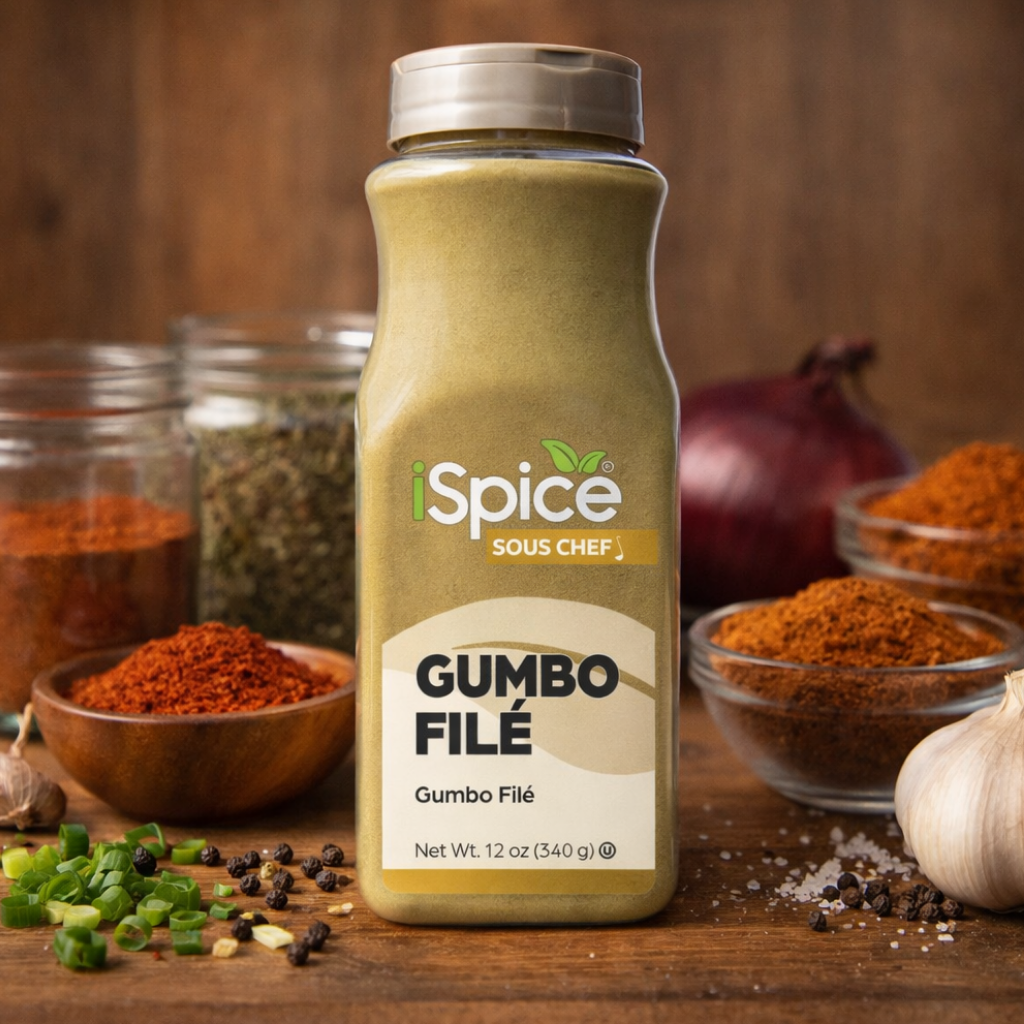 iSpice Gumbo Filé seasoning bottle on a wooden surface with spices in the background