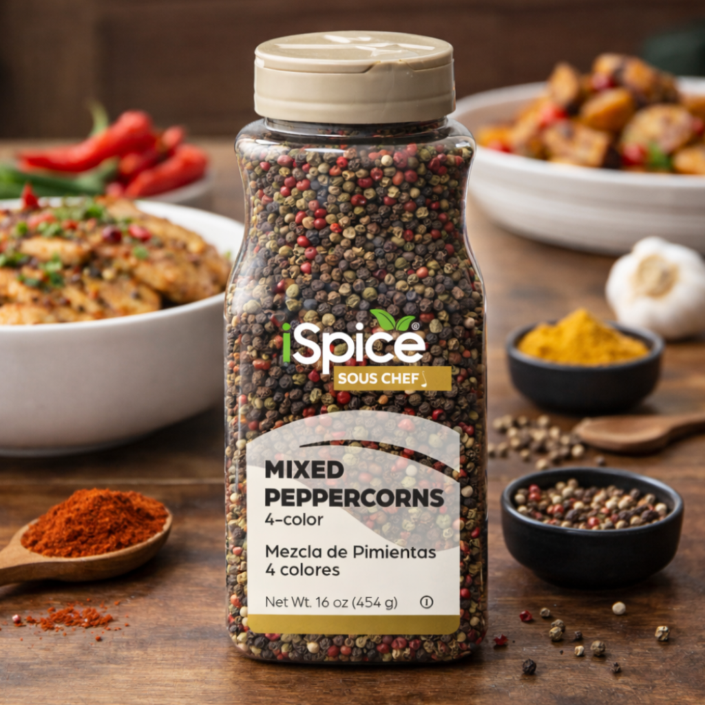 Bottle of iSpice Mixed Peppercorns on a wooden surface with food in the background