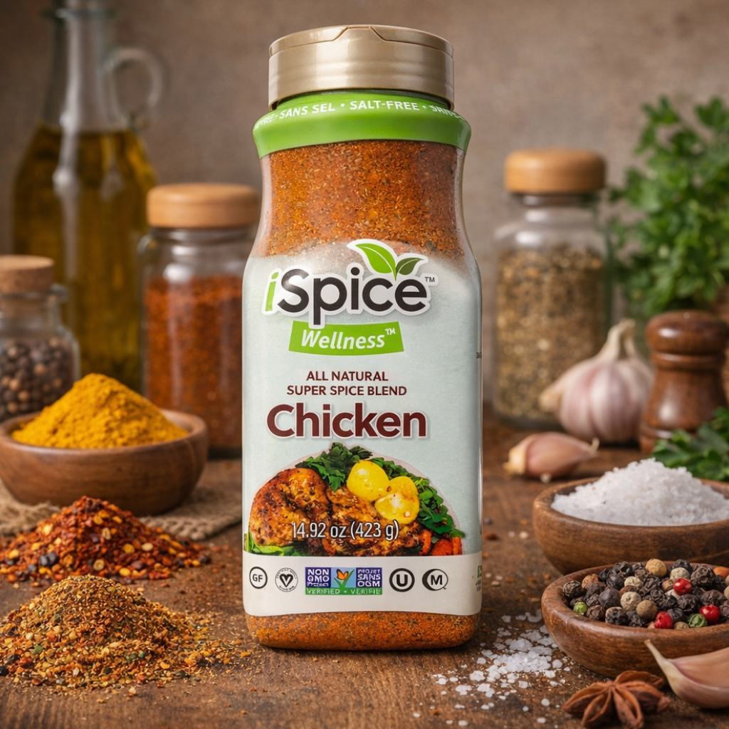 iSpice Wellness Chicken spice blend bottle on a wooden surface with spices in the background