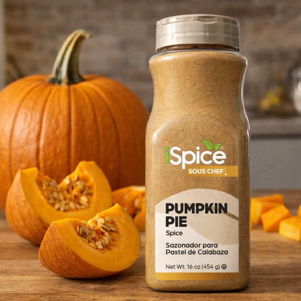 Spice bottle labeled 'Pumpkin Pie' with pumpkins in the background