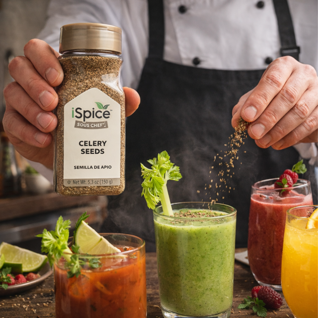 Person holding a bottle of celery seeds with a variety of drinks on a table