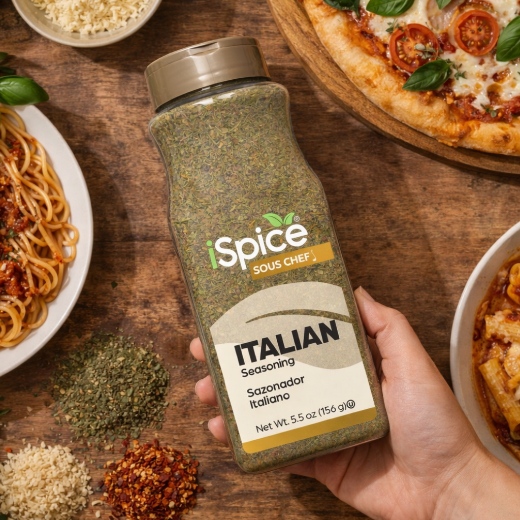 Hand holding a bottle of iSpice Italian seasoning with food items on a wooden table.