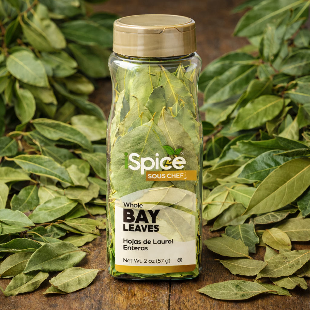 Spice bottle labeled 'Sous Chef' with whole bay leaves on a wooden surface with bay leaves around.