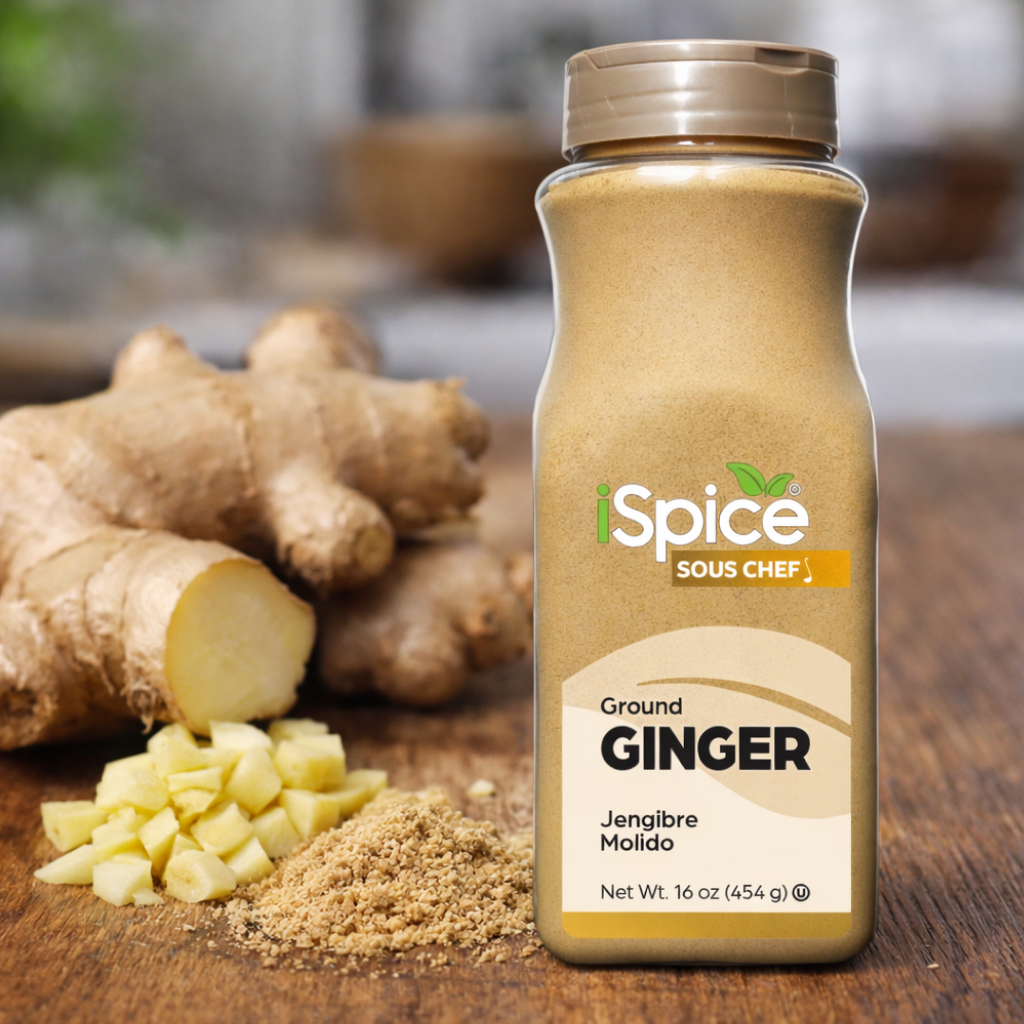 Bottle of 'iSpice Sous Chef' ground ginger on a wooden surface with ginger root and pieces.