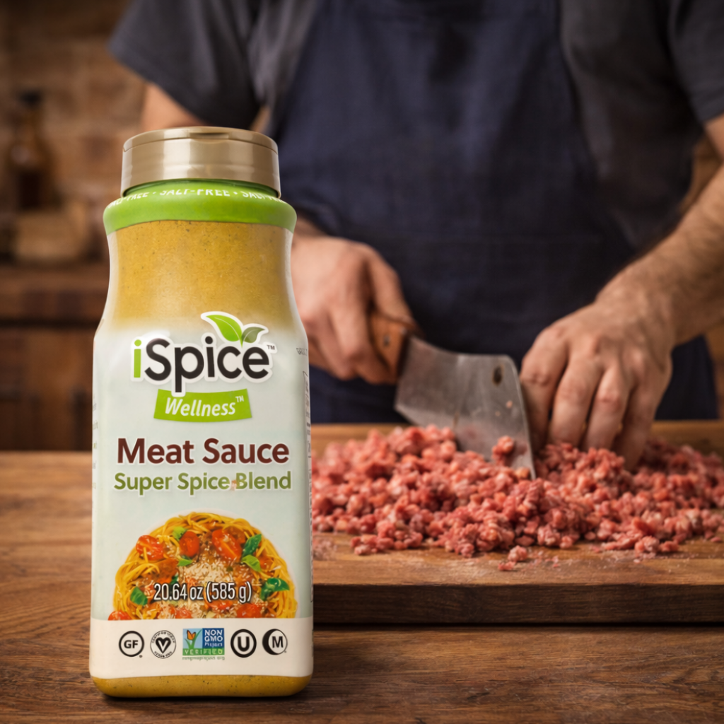 iSpice Wellness Meat Sauce bottle on a wooden table with a person preparing ingredients in the background.