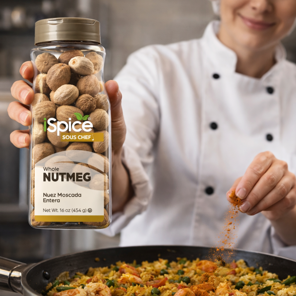 Person holding a jar of spice labeled 'Sous Chef' with nutmeg, preparing food.