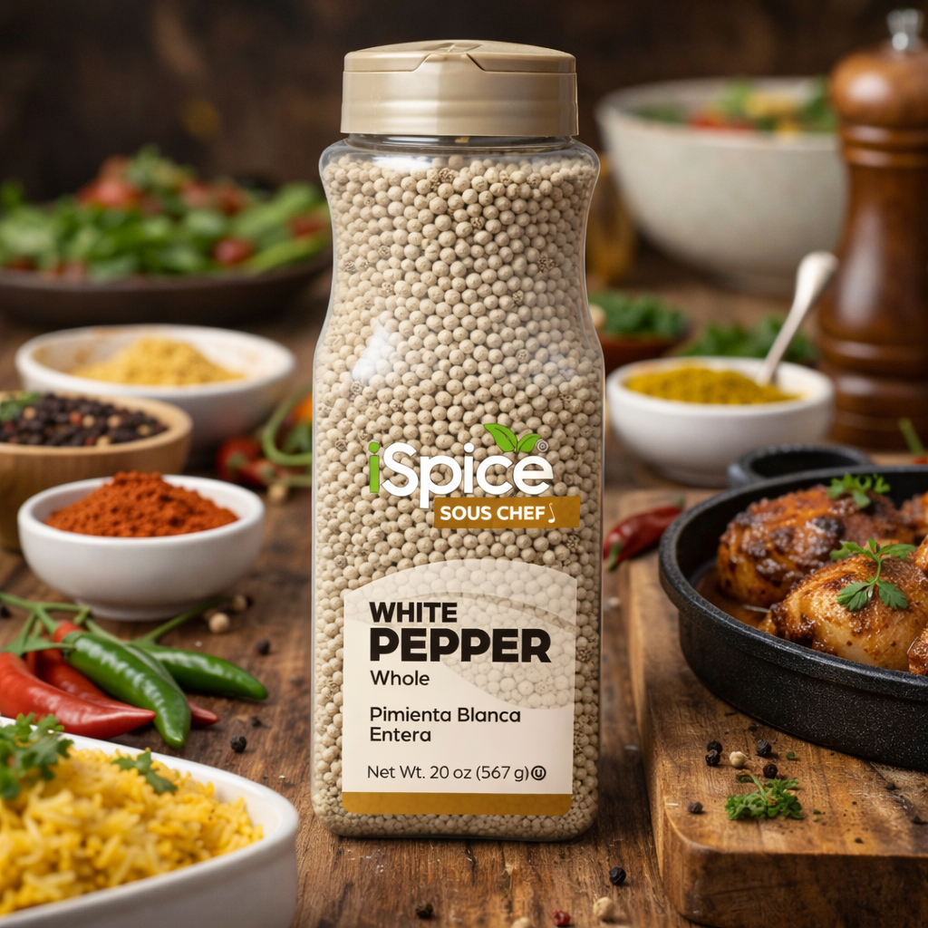 Spice bottle labeled 'White Pepper' on a wooden table with various dishes and ingredients.