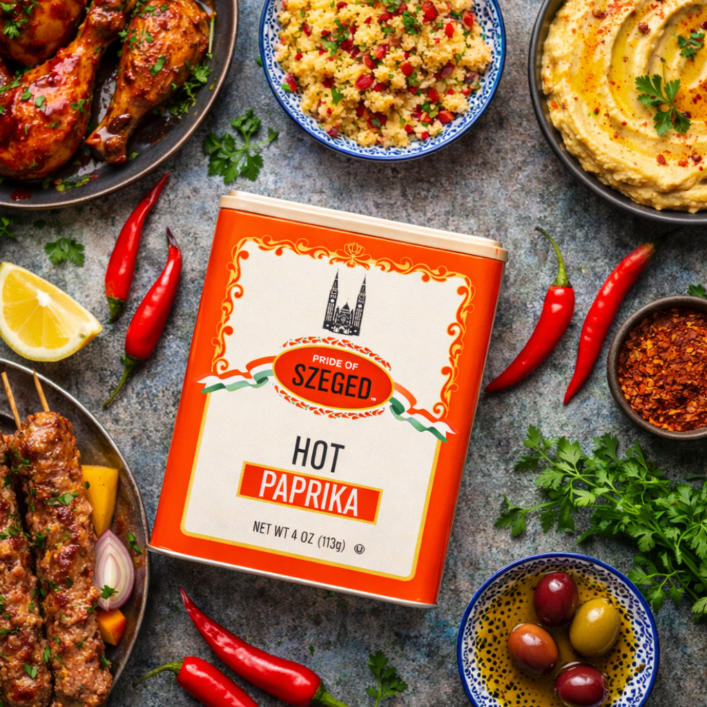 Pride of SzegeÓ hot paprika packaging surrounded by various dishes and ingredients on a gray surface.