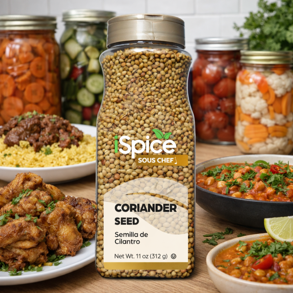 Spice container labeled 'iSpice Sous Chef' with coriander seed, surrounded by various dishes on a wooden table.