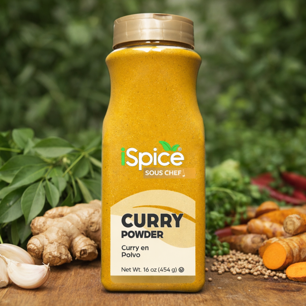 Bottle of iSpice Sous Chef Curry Powder with spices and herbs in the background