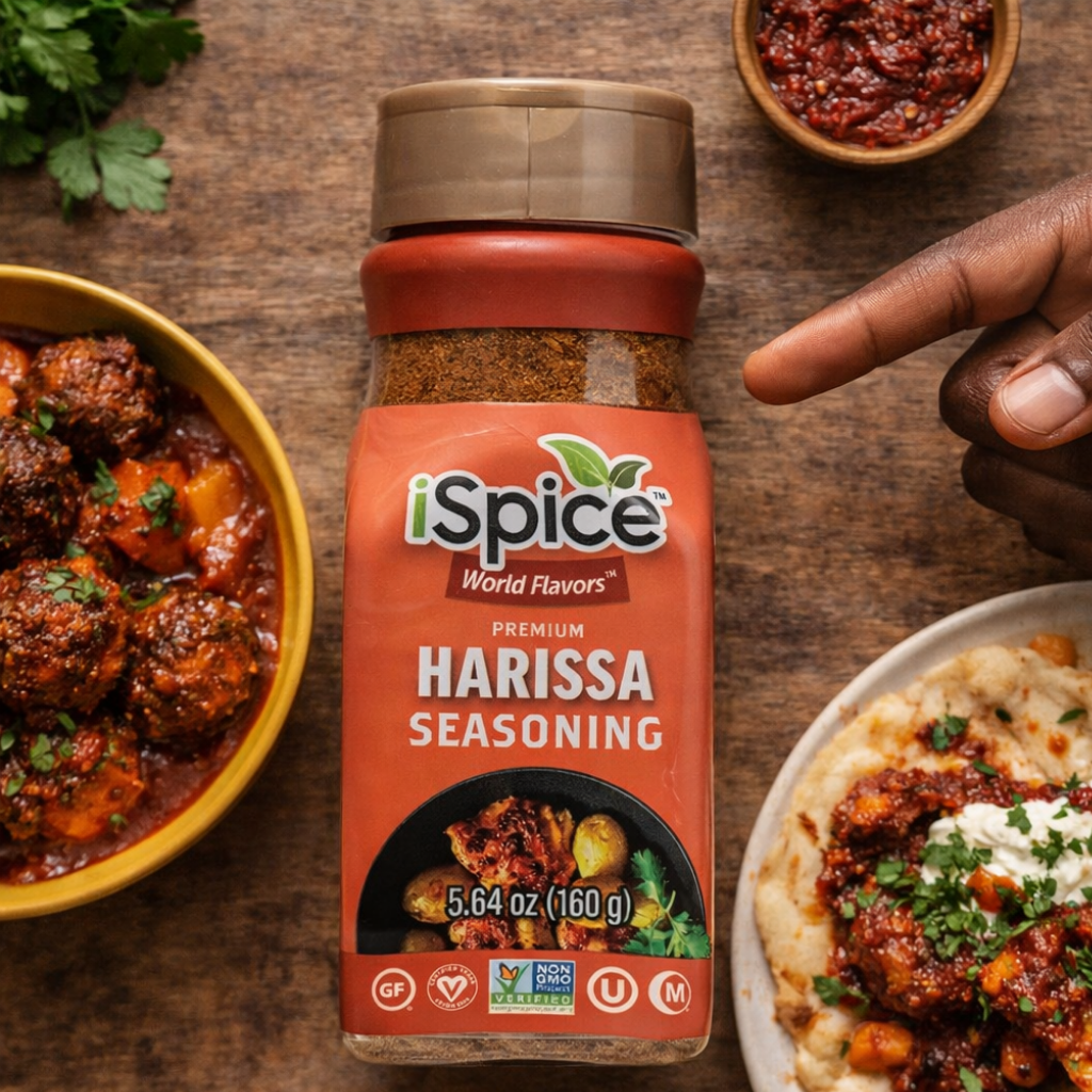 iSpice Harissa Seasoning bottle on a wooden table with food around it