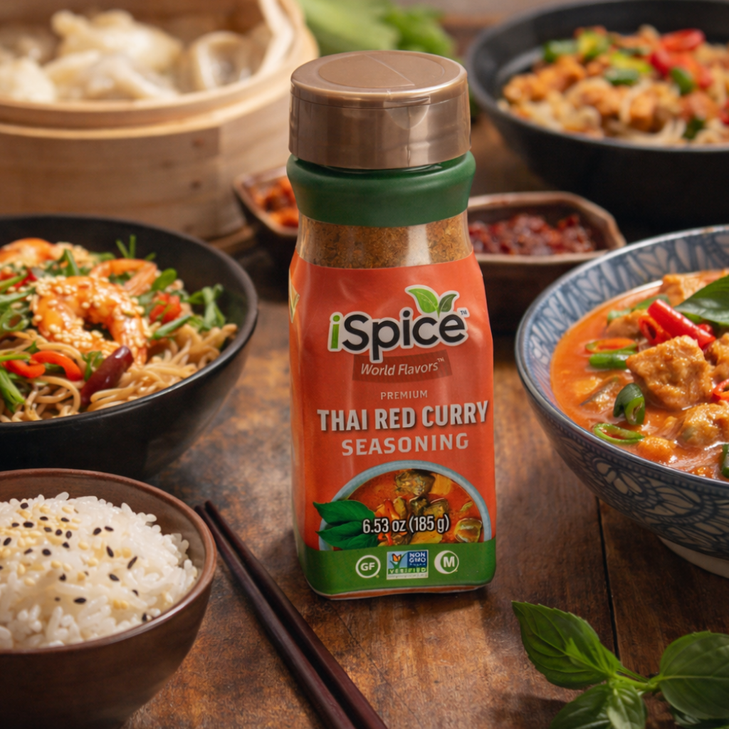 iSpice Thai Red Curry seasoning bottle surrounded by bowls of curry and rice on a wooden table.