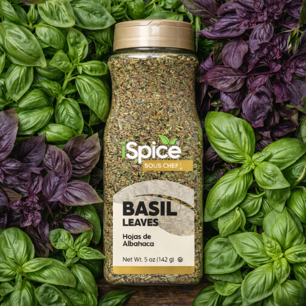 Bottle of Spice Sou Chef basil leaves surrounded by fresh basil leaves.