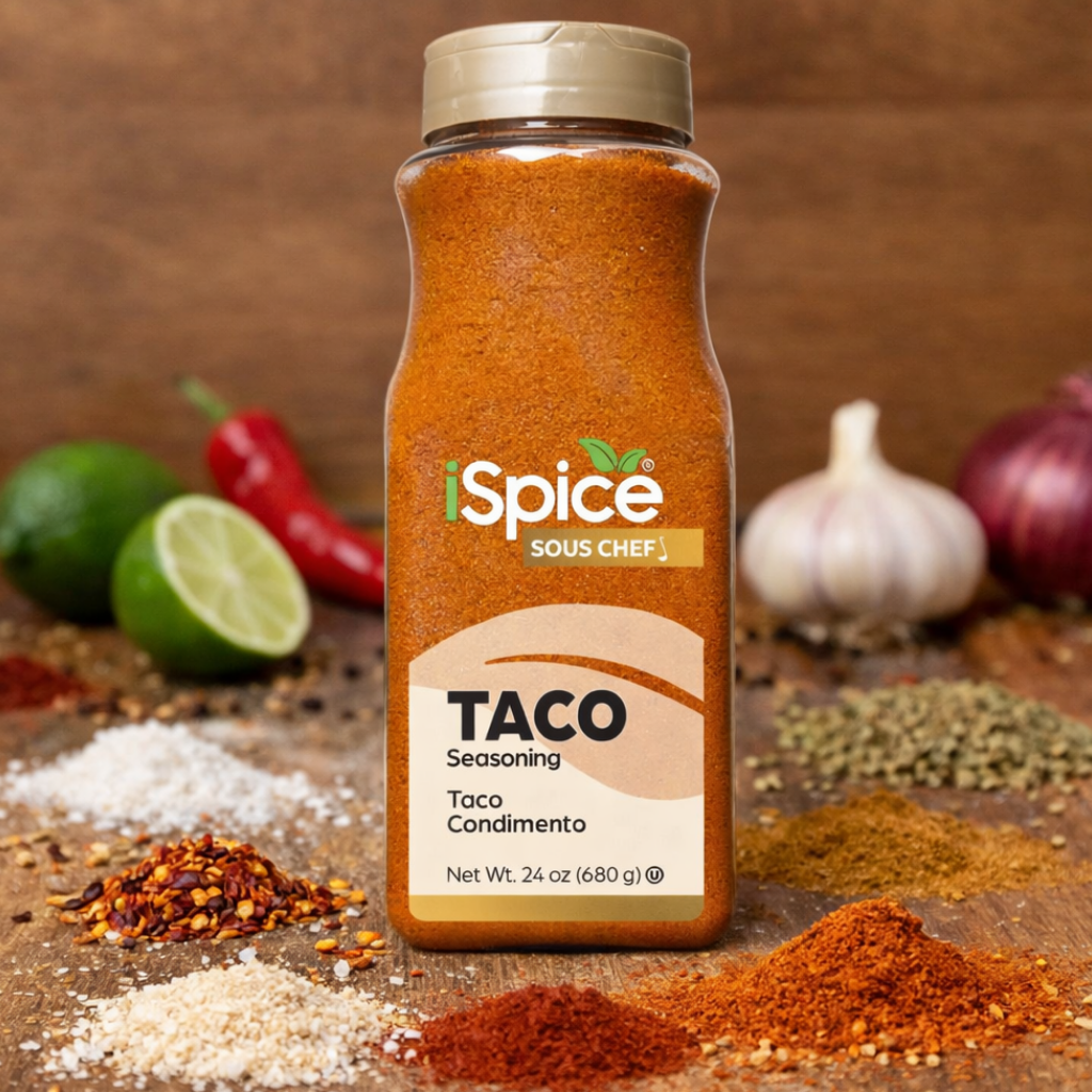 Taco seasoning bottle on wooden table surrounded by fresh taco ingredients and spices