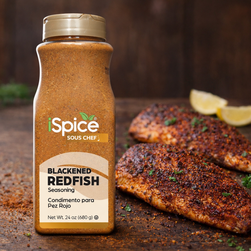 blackened redfish seasoning bottle on rustic table with seafood dishes and spices