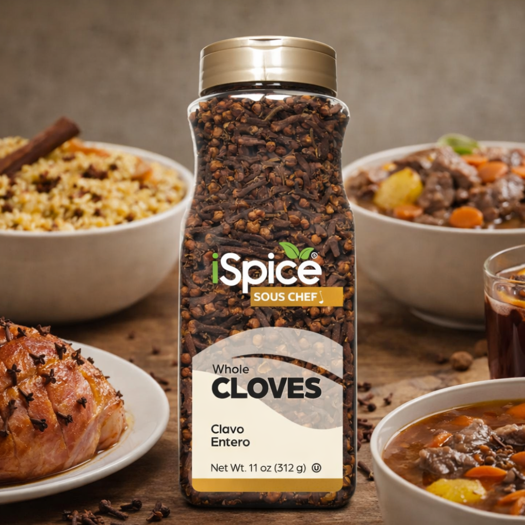 iSpice Whole Cloves jar with food items in the background