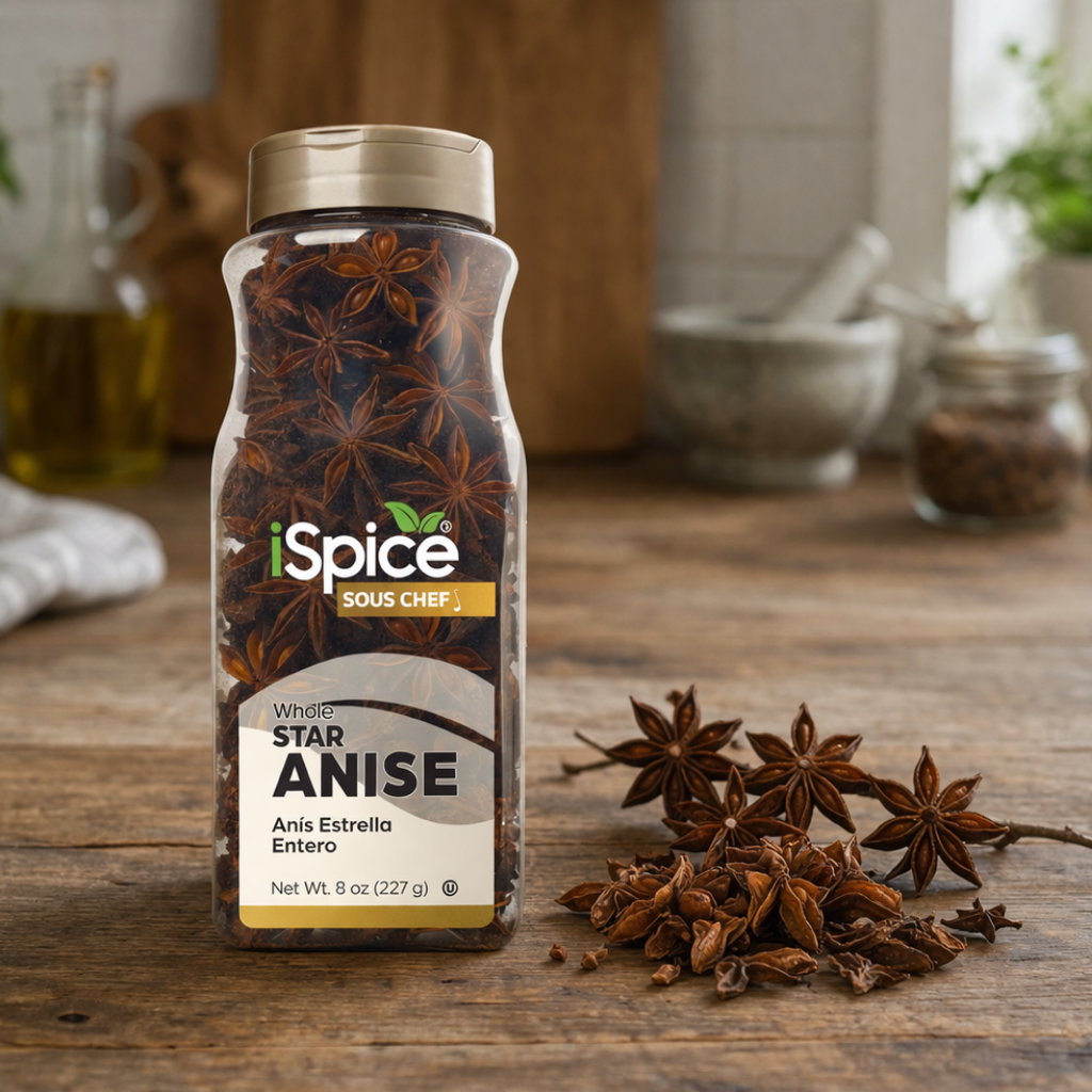 Spice Sous Chef star anise bottle on a wooden surface with star anise seeds.