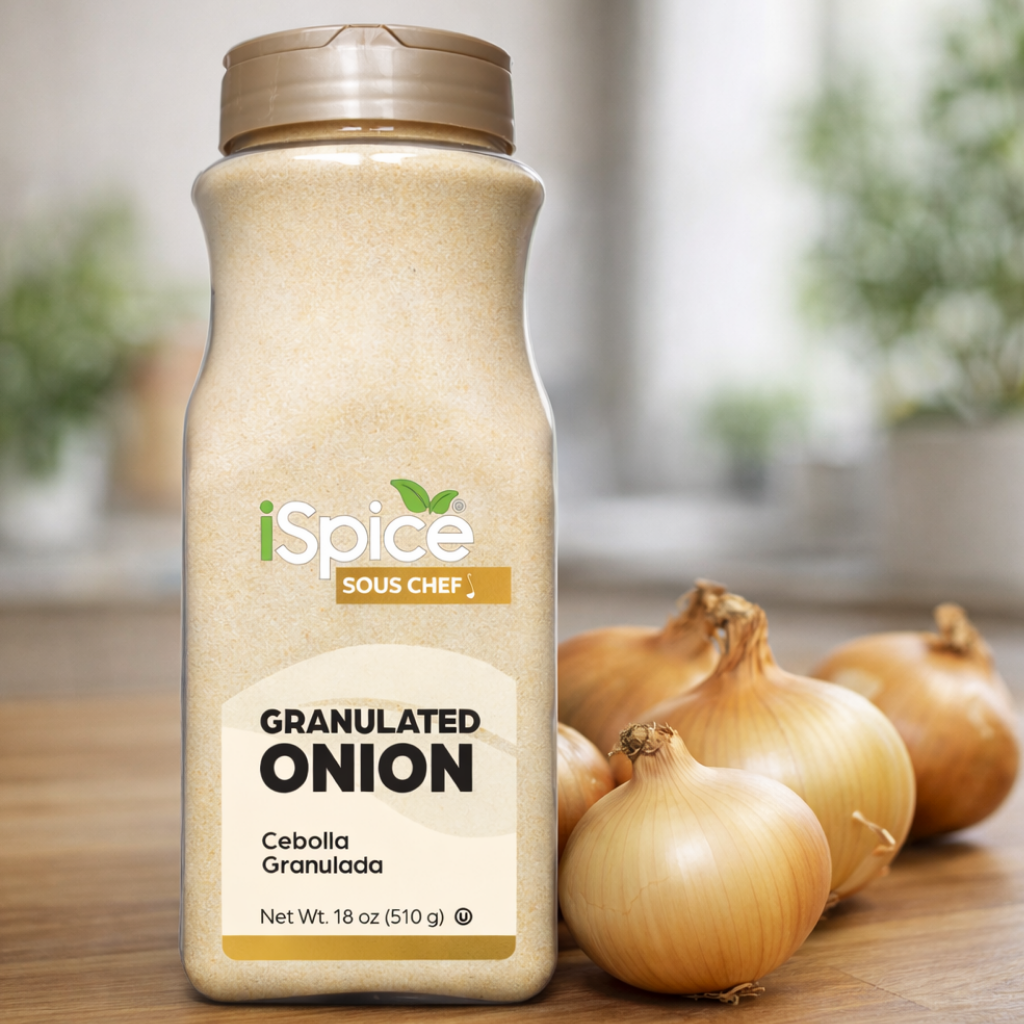 iSpice granulated onion bottle on a wooden surface with onions