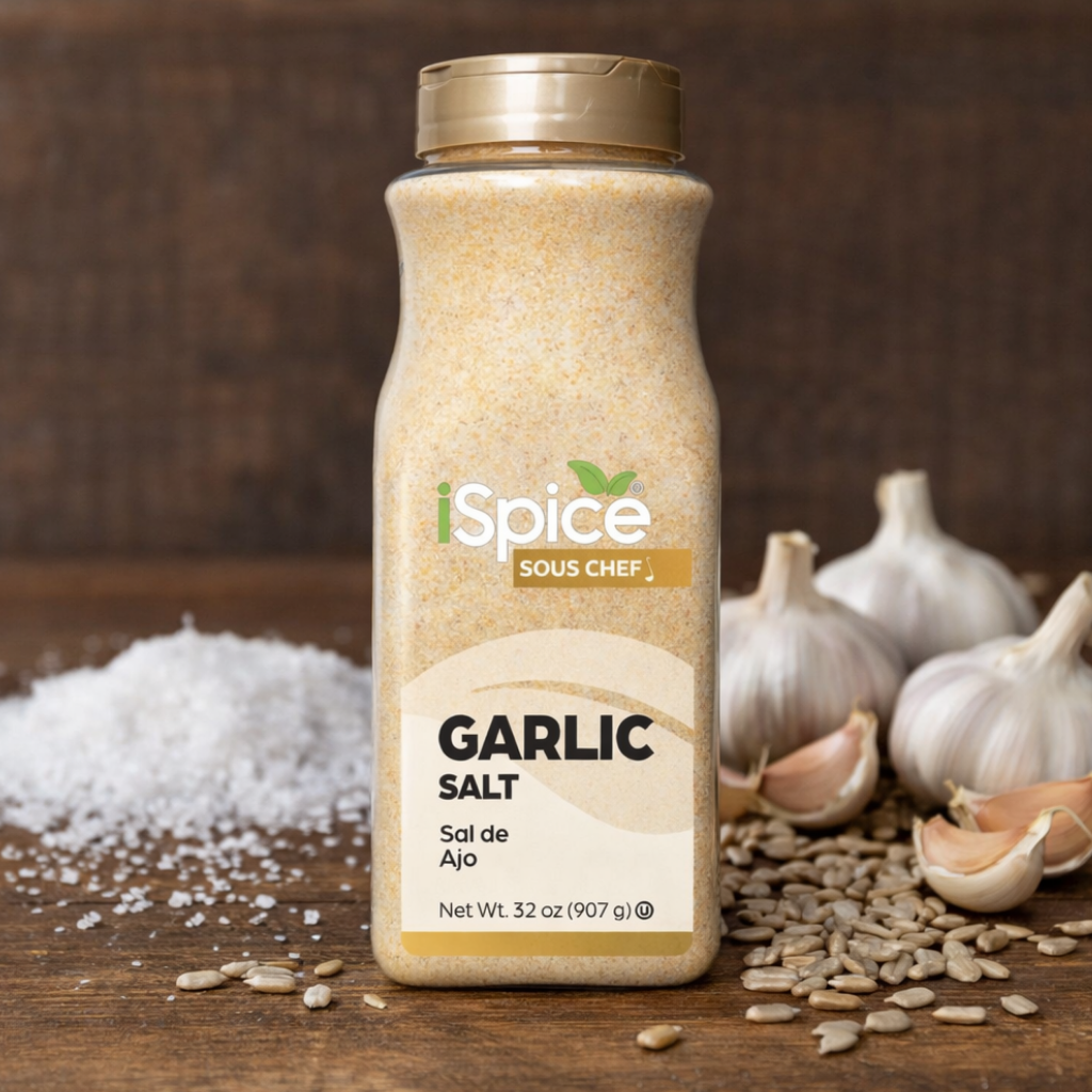 Bottle of iSpice Sous Chef Garlic Salt with garlic and salt on a wooden surface