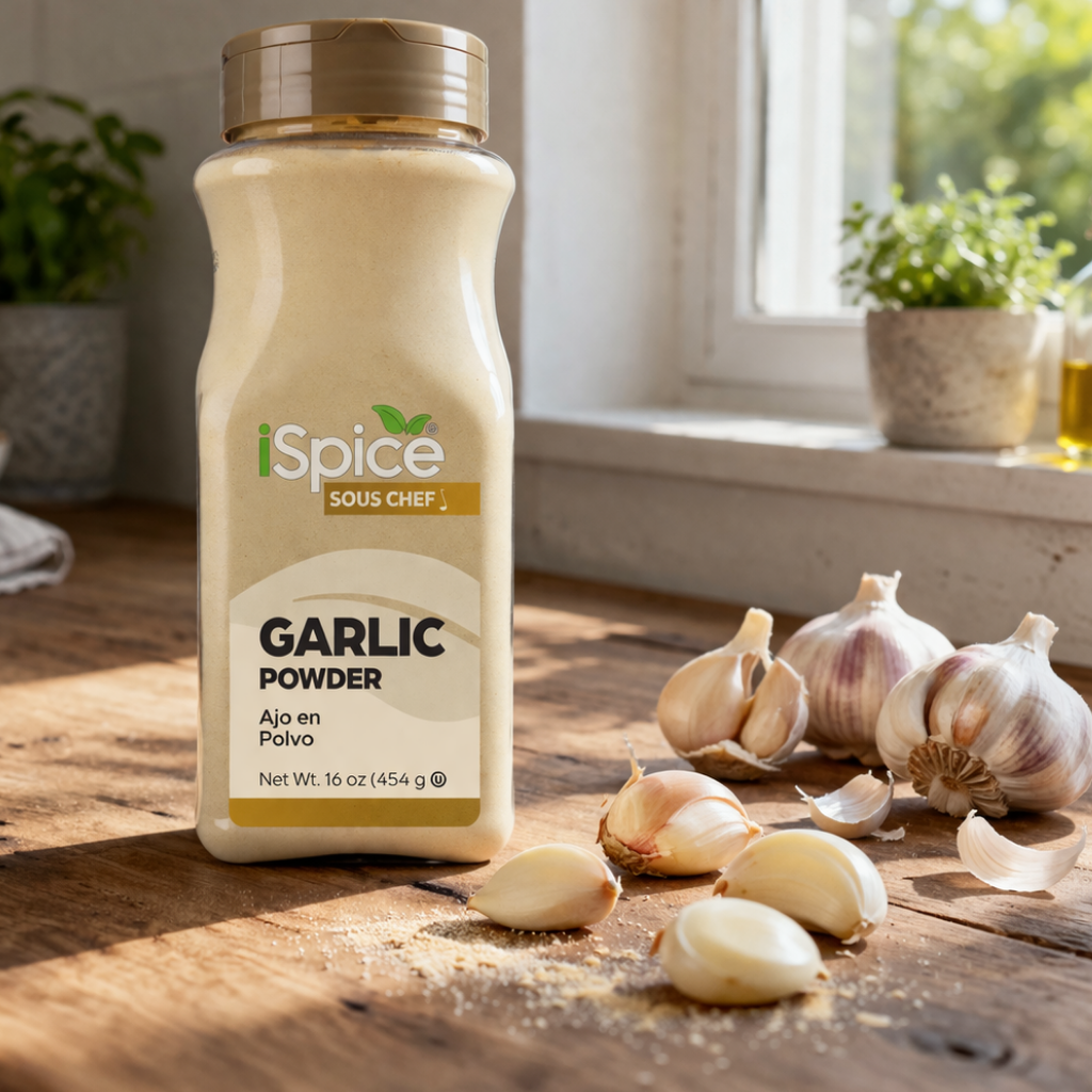 Spice bottle labeled 'iSpice Sous Chef Garlic Powder' on a wooden surface with garlic bulbs.