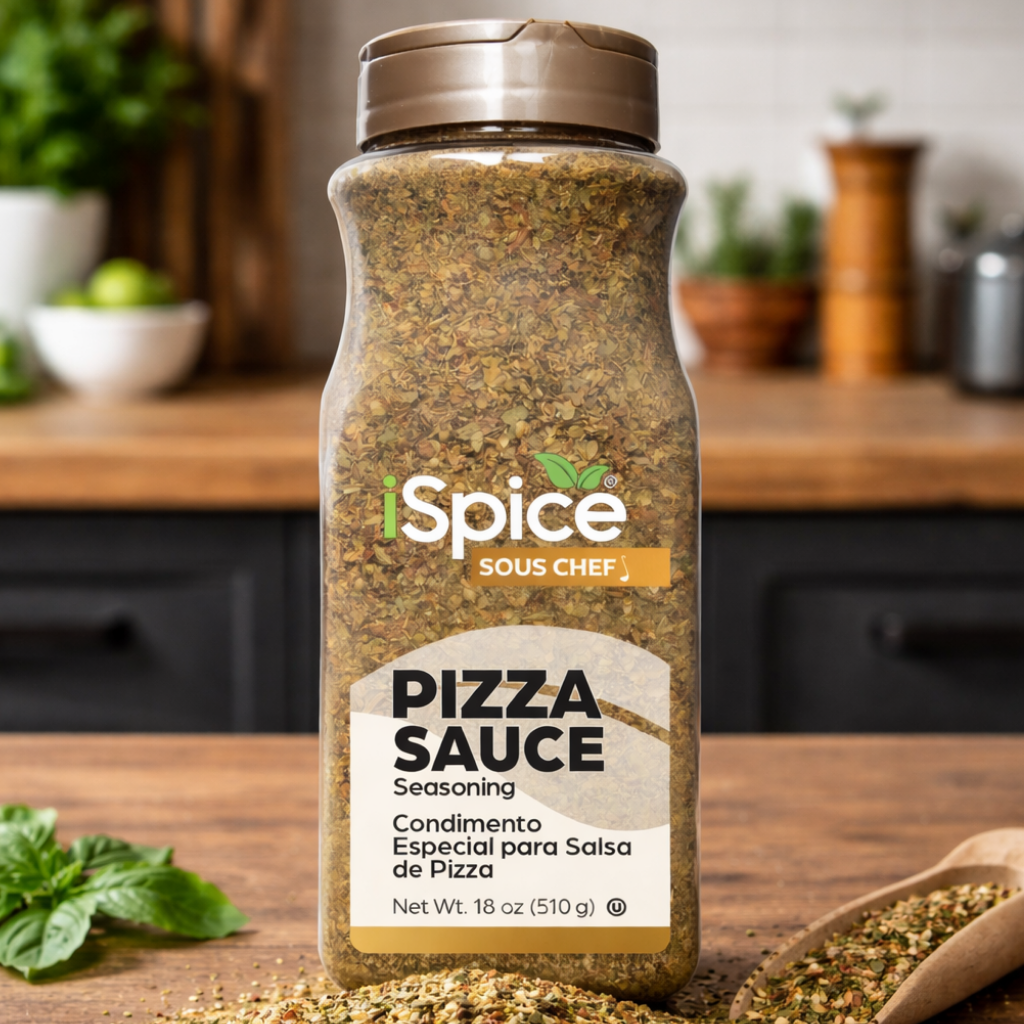 iSpice Pizza Sauce seasoning bottle on a kitchen counter with blurred background