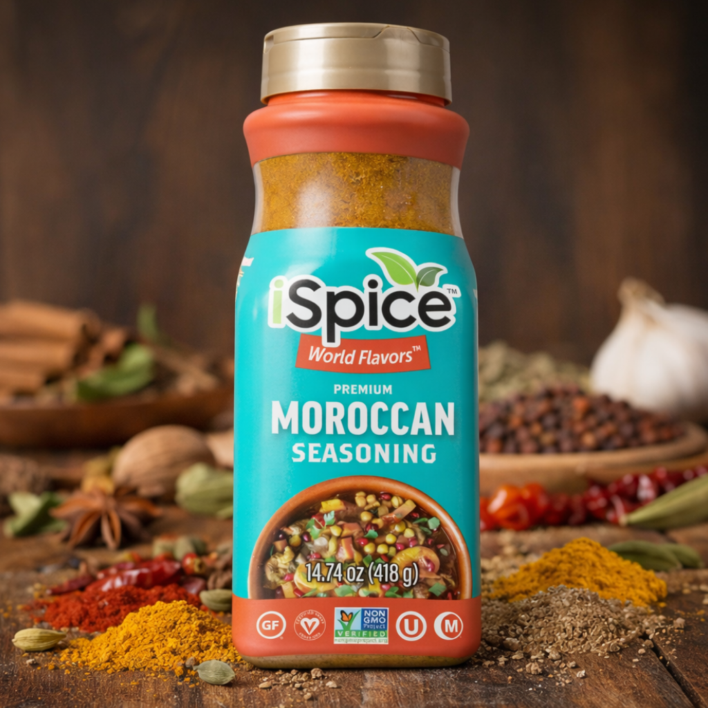 iSpice Moroccan seasoning bottle 14.74 oz bulk spice blend on table with Moroccan dishes