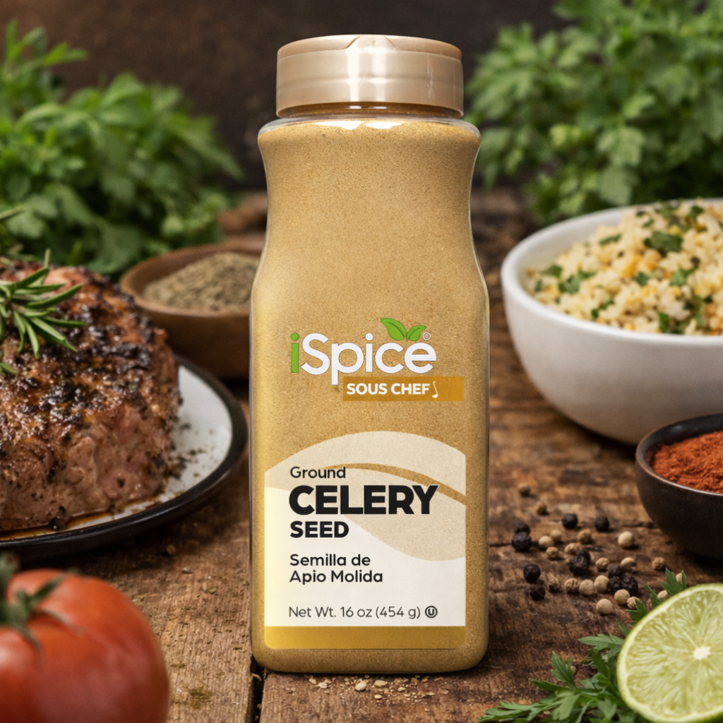 iSpice celery seed bottle on a wooden surface with ingredients in the background