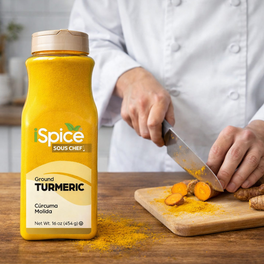 Yellow bottle of iSpice Ground Turmeric with a chef cutting turmeric on a wooden board.