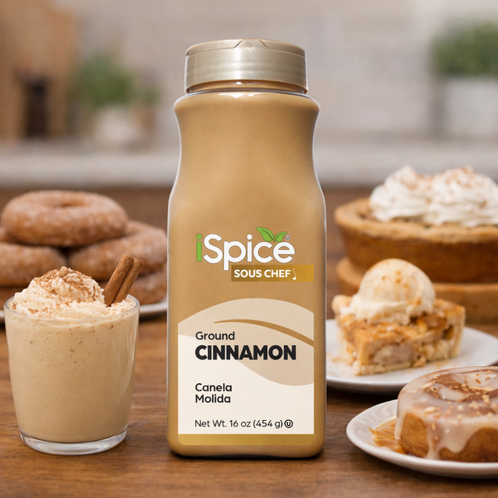 Spice Sous Chef cinnamon ground spice bottle with cinnamon-themed desserts in the background