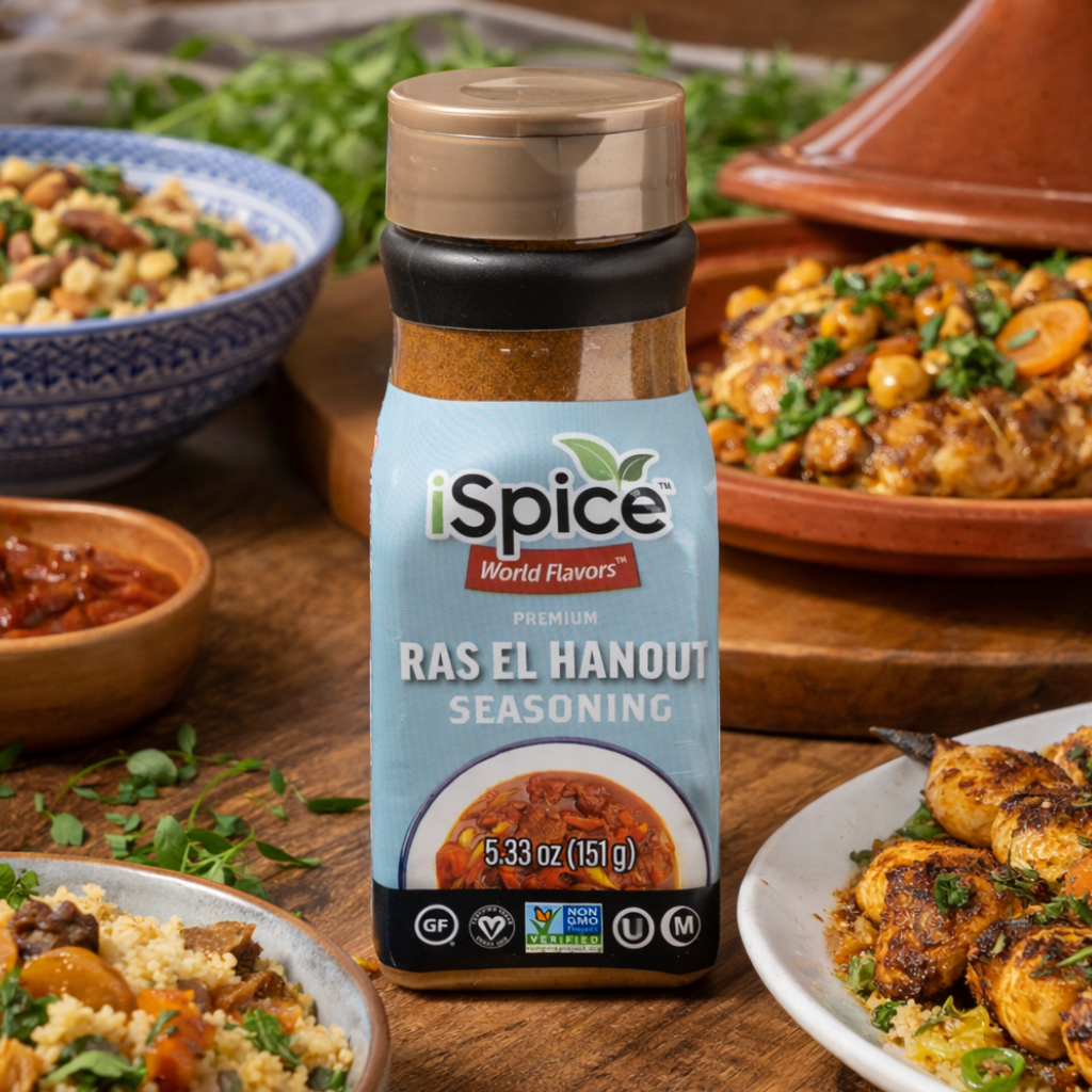 iSpice Ras El Hanout seasoning bottle on a wooden table with various dishes in the background