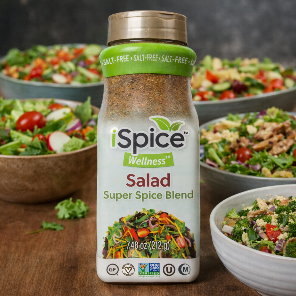 iSpice Wellness Salad Super Spice Blend bottle with salads in the background