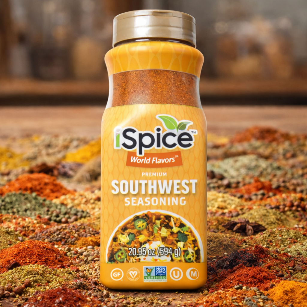 Bottle of iSpice Southwest seasoning on a background of colorful spices