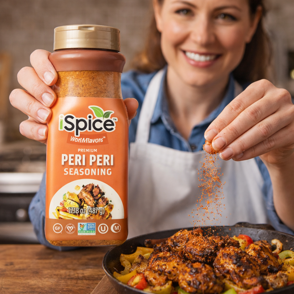Woman sprinkling Spice World Peri Peri seasoning onto food in a kitchen setting