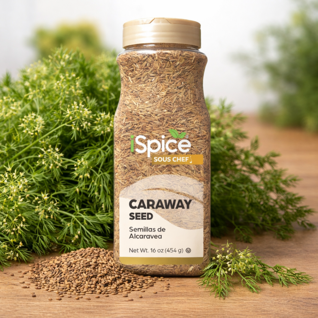Bottle of Spice Sous Chef Caraway Seed with caraway plants in the background