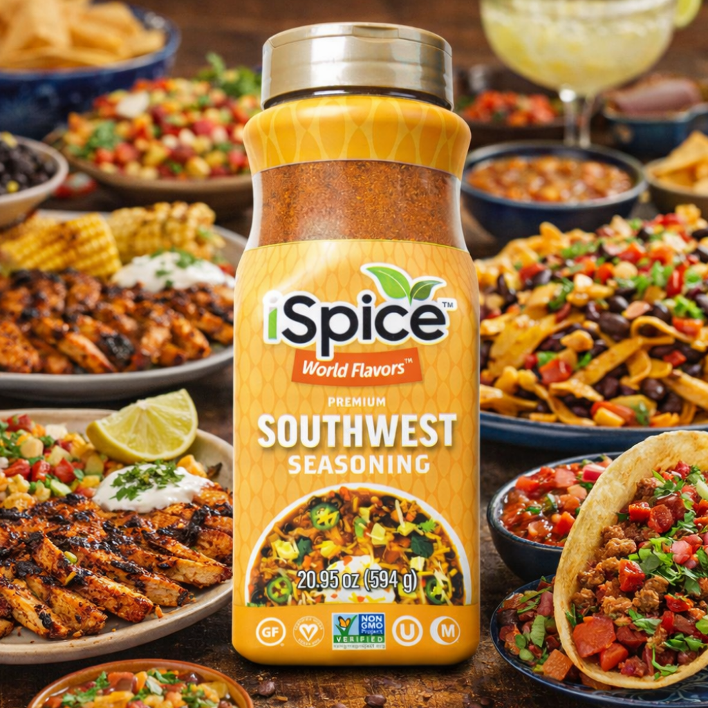 iSpice Southwest seasoning bottle with a background of Mexican food dishes.