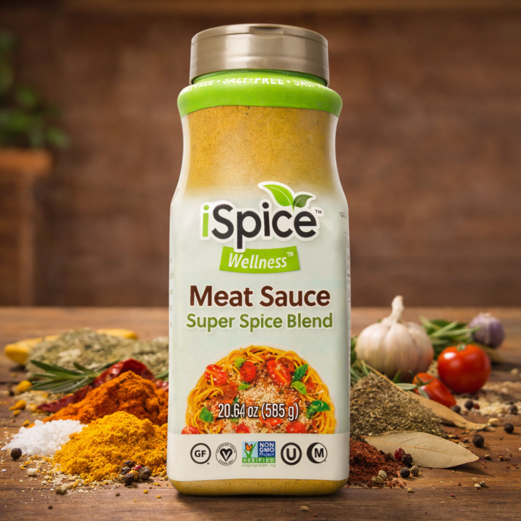 iSpice Wellness Meat Sauce Super Spice Blend bottle on a wooden surface with spices and herbs.