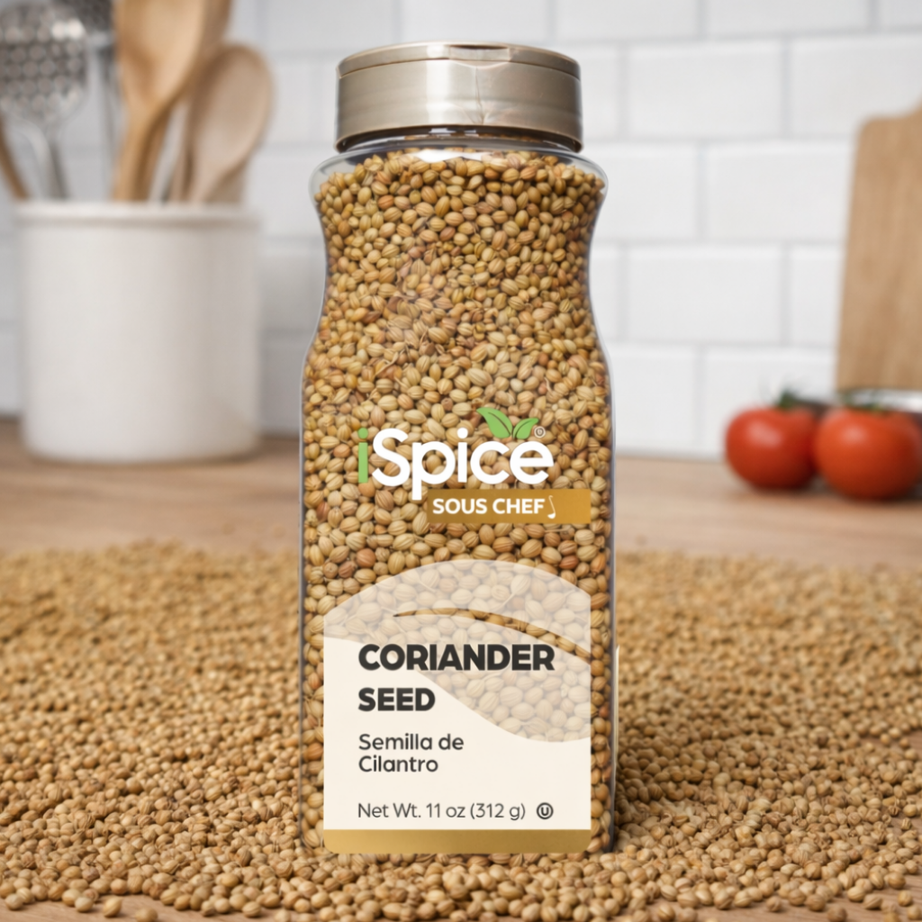Spice Sous Chef coriander seed jar on a wooden surface with kitchen background