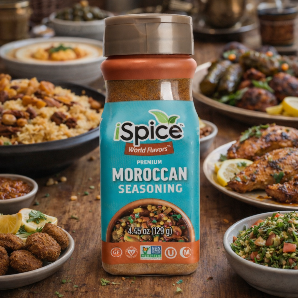Spice World Flavors Moroccan seasoning bottle with various dishes in the background on a wooden table.
